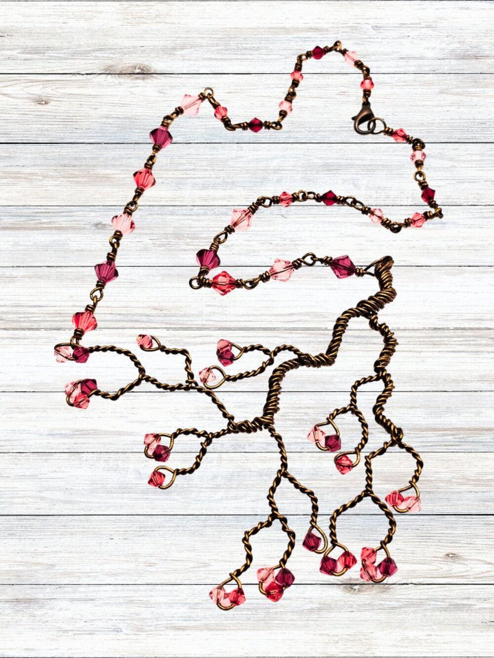 Hand Twisted Copper Tree Necklace Pink Crystal Cherry Blossom Statement Artisan - Picture 10 of 10